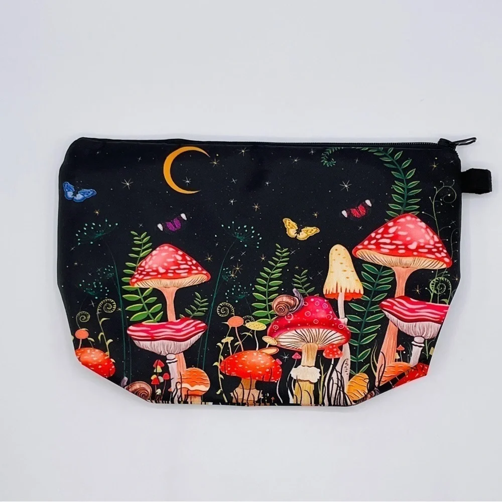 MUSHROOM Bag Zippered Make Up Brush Stash School Pencil Travel Jewelry Black Red